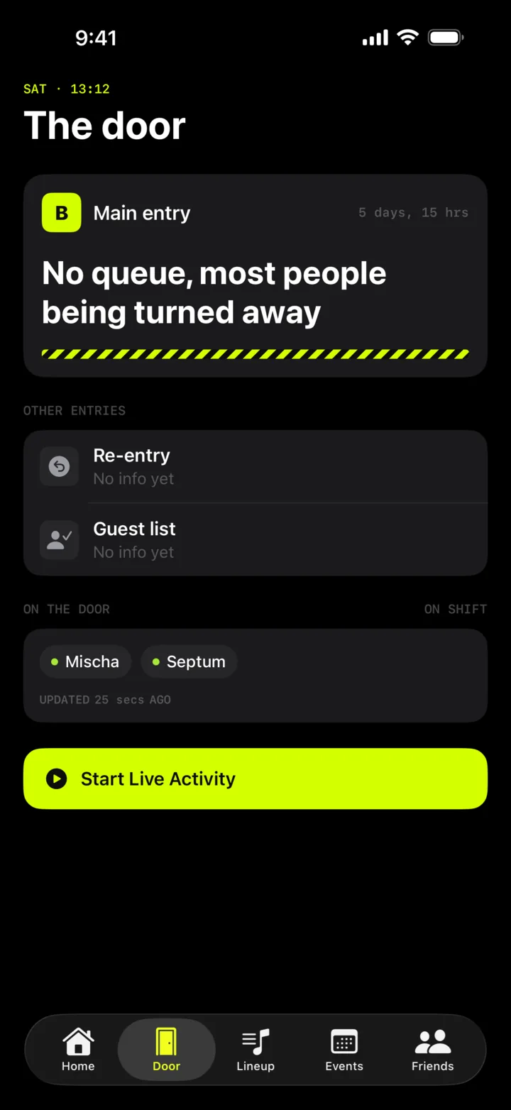 The Door tab: the latest report for the main entry, re-entry and guest list queues, and who's on the door