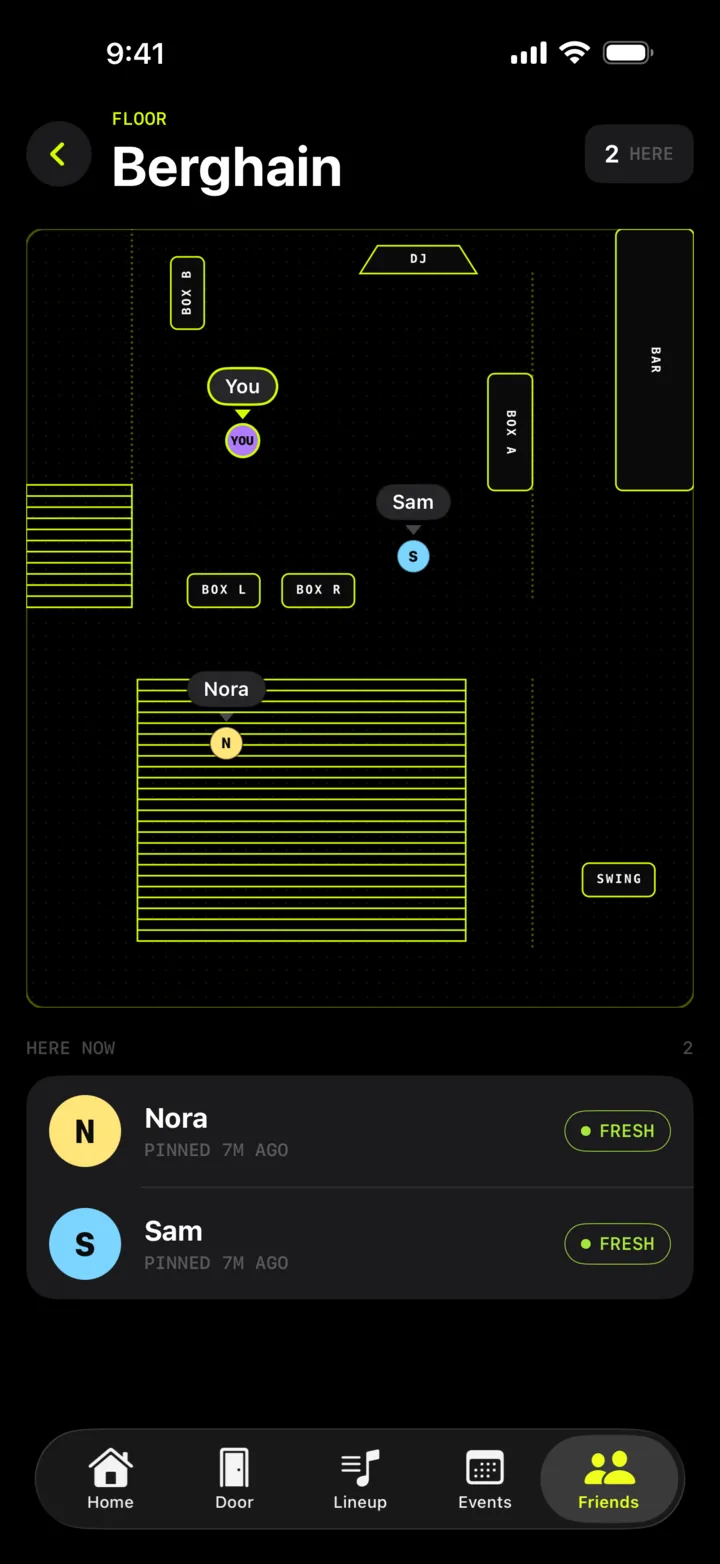 The Berghain floor plan in the Friends tab, with your pin and two friends' pins on it