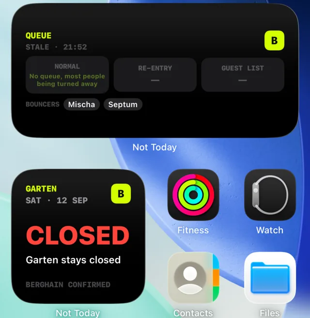 Two Not Today widgets on the iOS home screen: the queue status and the Garten forecast