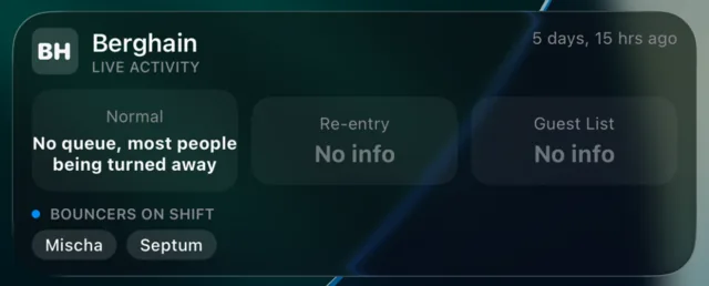 Lock screen Live Activity showing the three queues and the bouncers on shift